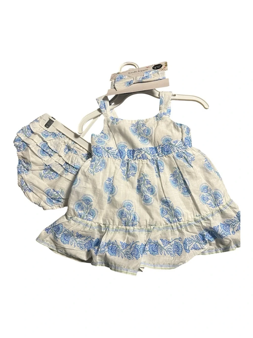 NWT Baby Blue Floral Dress Set - Infant Headband & Bloomers 3-6 months